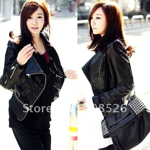 Black Women's Korea Fashion PU Leather Jacket  Zipper Slim Coat with cotton leopard scarf free shipping 5860