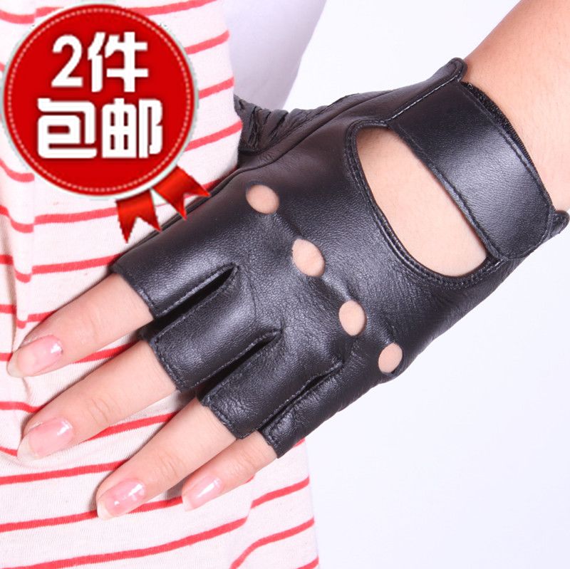 Black women's semi-finger gloves female thin half glove casual sheepskin gloves genuine leather gloves leather gloves