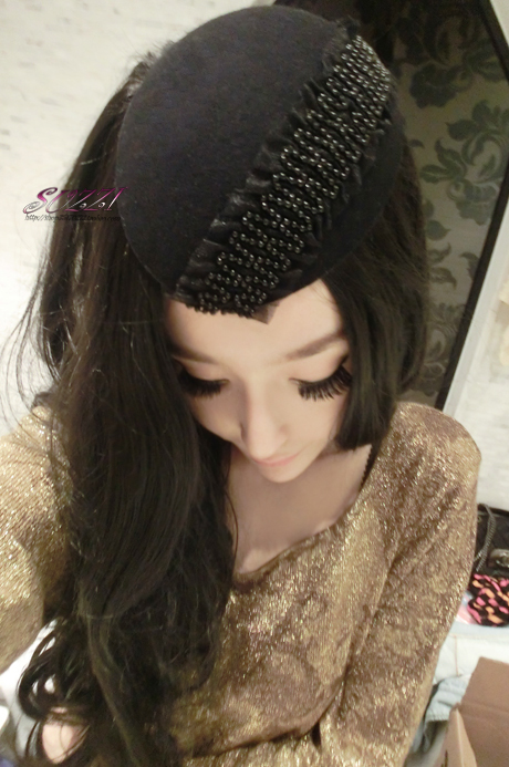 Black woolen oval shape black decoration small fedoras ccbt cap lace beads hat all-match brief
