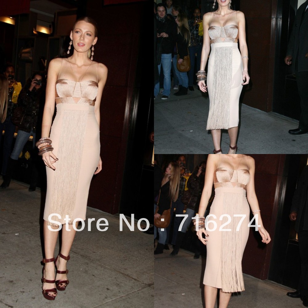 blake-lively  Champagne Sweetheart  A Line  Tassel Tea Length Satin  Sexy Modern  Celebrity Dresses Prom Gown