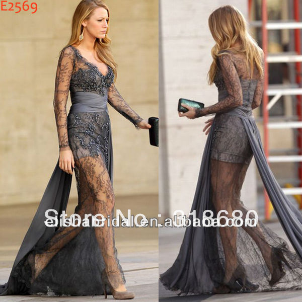 Blake Lively Grey Long Sleeve See Through Skirt Lace Celebrity 2012 Zuhair Murad Evening Dresses