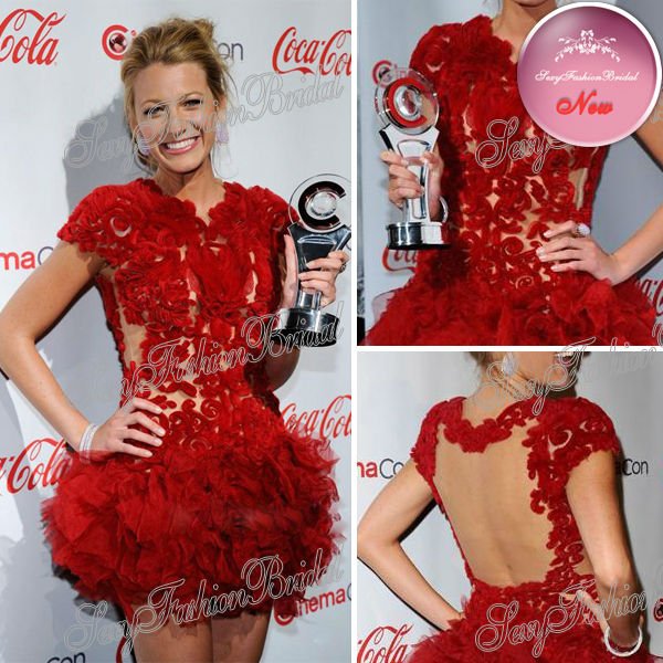 Blake Lively red lace round neck pattern see-through top open back red mini short evening designer red carpet Celebrity Dresses