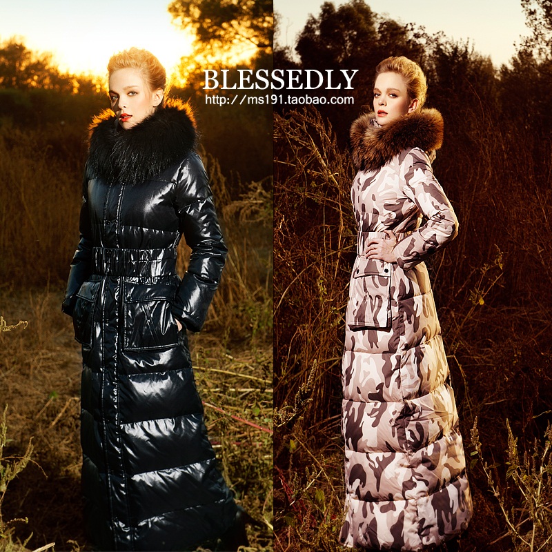 Blessedly high quality Camouflage luxury large fur collar slim thickening ultra long paragraph down coat female