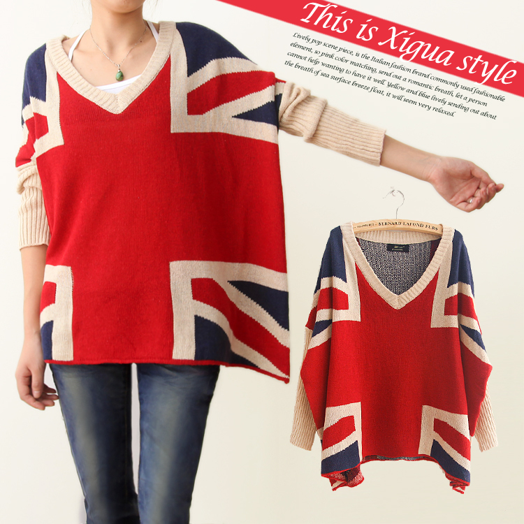 Blg-u259 2012 autumn female V-neck loose color block decoration torx flag bat sweater i-13