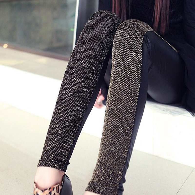 Bling wavingness silveryarn faux leather patchwork spring and autumn ankle length legging
