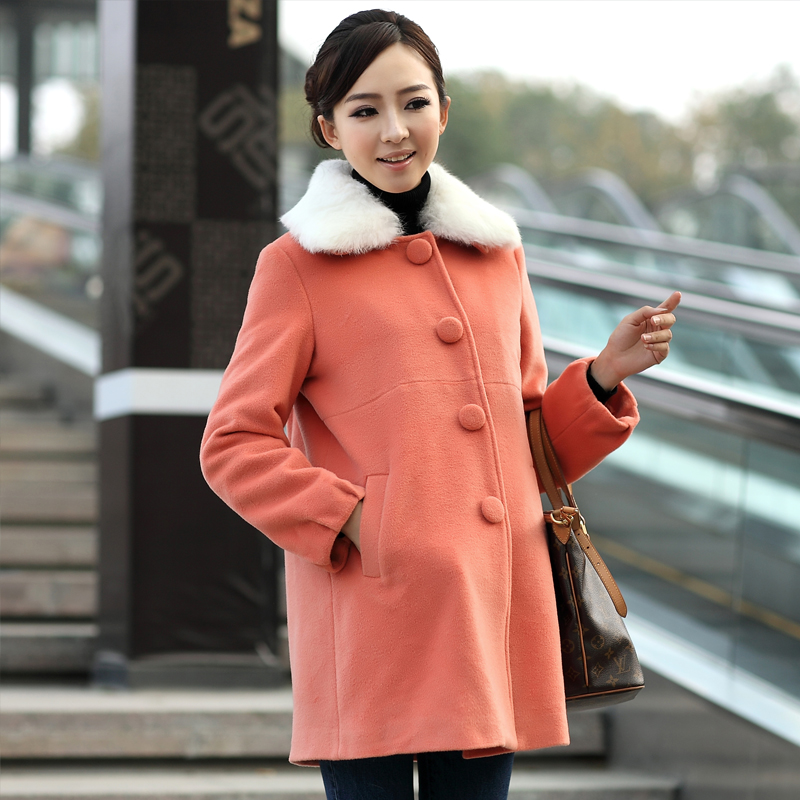 Blmm 2012 winter maternity clothing rabbit fur cashmere turn-down collar maternity overcoat wool coat