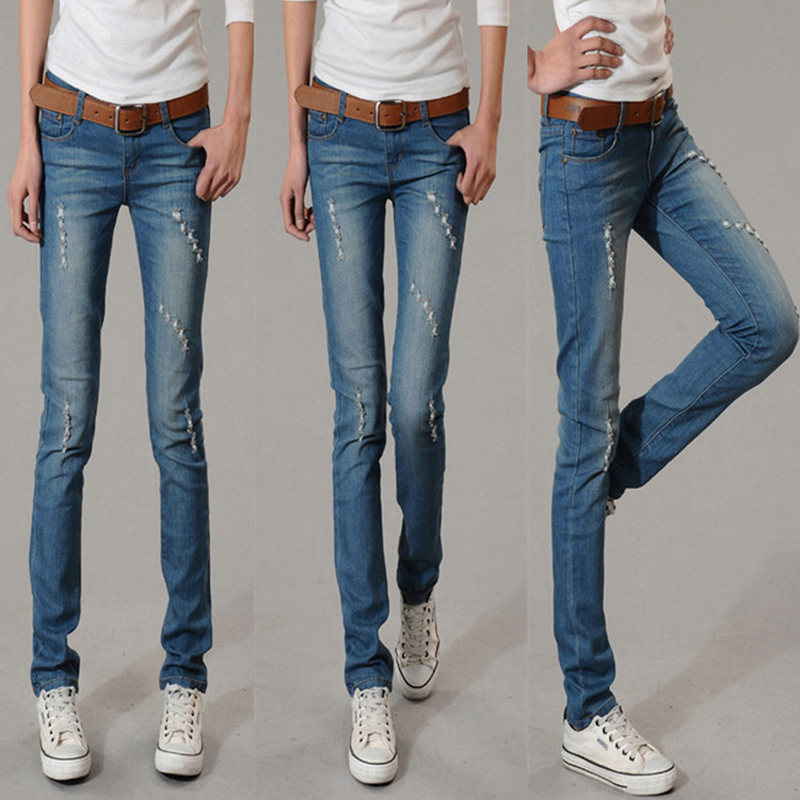 Blue 2012 autumn hole wearing white light color pencil jeans female trousers
