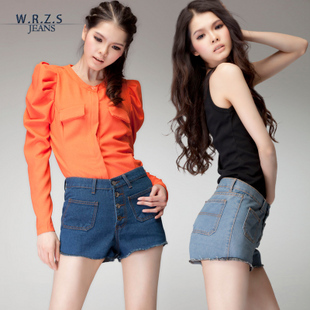 Blue 2012 high waist denim shorts vintage buttons sexy shorts