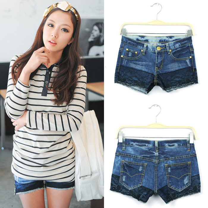 Blue 2012 lace denim shorts ruffle flower shorts lace legging shorts