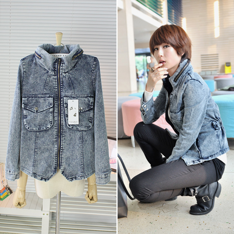 Blue 2012 spring and autumn denim with a hood zipper slim waist long-sleeve trench outerwear