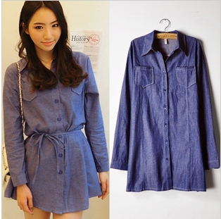 Blue 2013 New All Match Long Sleeved T-shirt Design Polo Collar Denim Belted Blouse Freeshipping