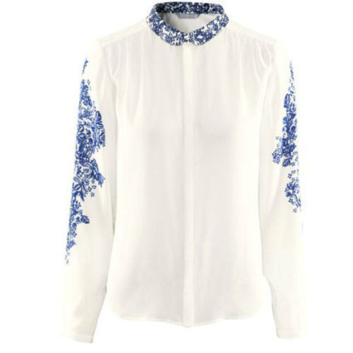 Blue and white porcelain Floral Long Sleeve Chiffon Shirt Blouse 3844