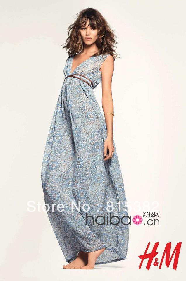 Blue and white porcelain Women's deep V-neck dress Bohemian dress beach skirt mopping floor dress