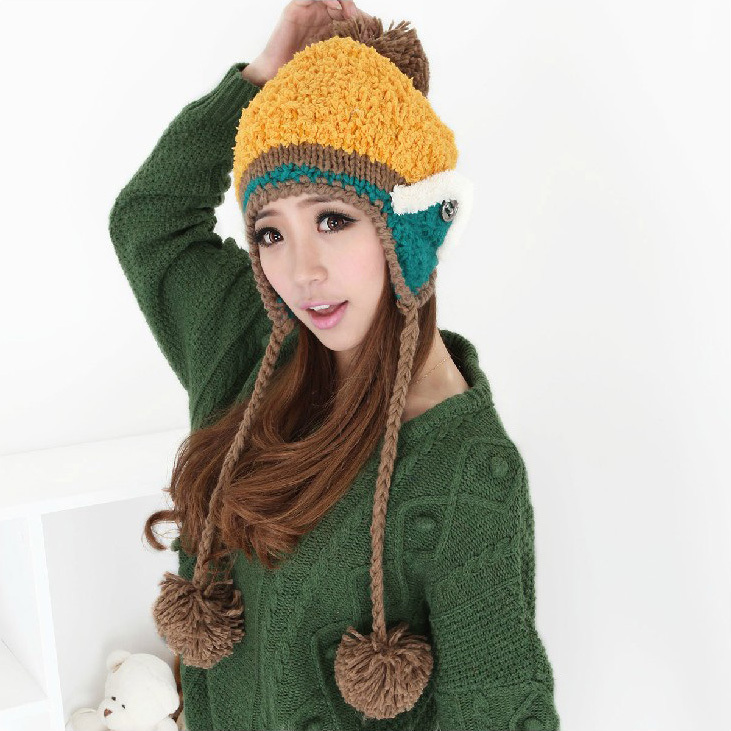 Blue autumn and winter thermal ear knitted hat knitted hat plush hat women's