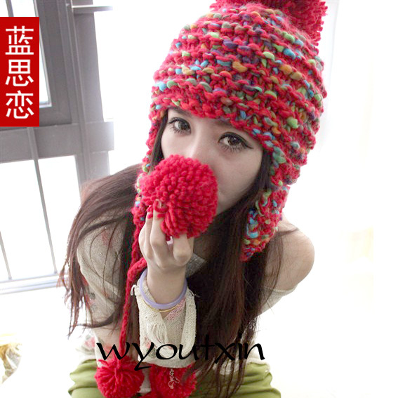 Blue autumn and winter thermal ear multicolour pigtail sphere knitted hat knitted hat winter hat