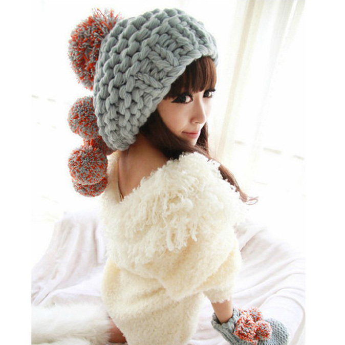 Blue autumn and winter thermal oge ball ear knitted hat knitted hat scarf gloves