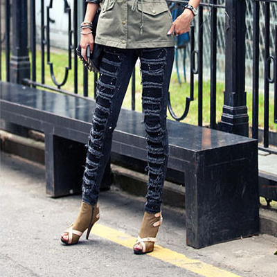 Blue black hole jeans women's sexy jeans distrressed jeans pencil pants