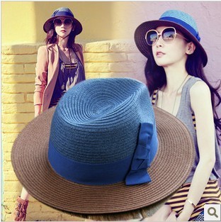 Blue color block bow strawhat color block decoration large brim hat sunbonnet female , Free Shipping