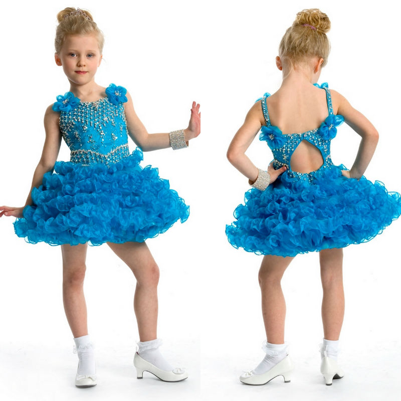 blue crystal decorations spaghetti strap ruched a-line mini handmade flower girls pageant dresses for sale