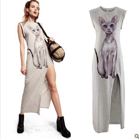 Blue eyes cat printing unilateral high slits light grey dress cuff flanging chest pocket skirt