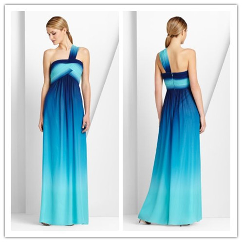 Blue Fashion Style One Shoulder Ladies Dresses Gradient Color Sexy Celebrity Dresses 2013 Design Floor Length