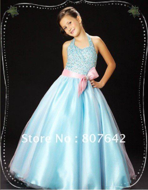 Blue halter A-line beaded tulle floor-length junior bridesmaid dresses flower girl wear Sky755 wholesale & retail