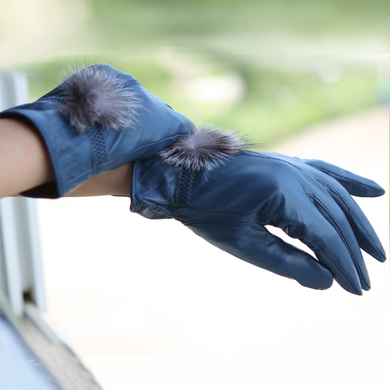 Blue house genuine leather gloves winter thermal women's fashion fox fur ball quality sheepskin finger gloves
