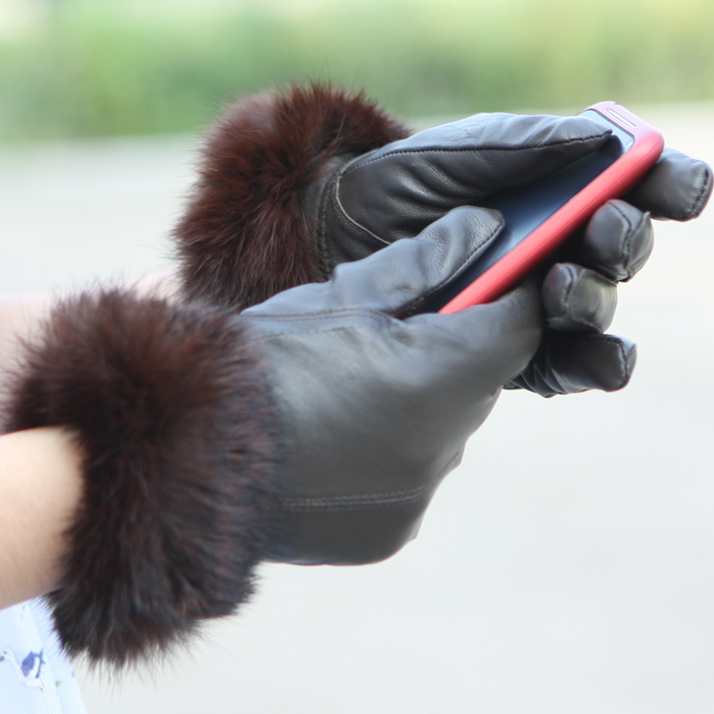 Blue house genuine leather gloves women's fox fur sheepskin wool quality thermal gloves