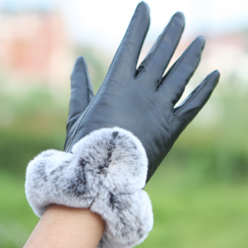 Blue house women's leather gloves fashion rex rabbit hair short design women's sheepskin genuine leather gloves winter thermal