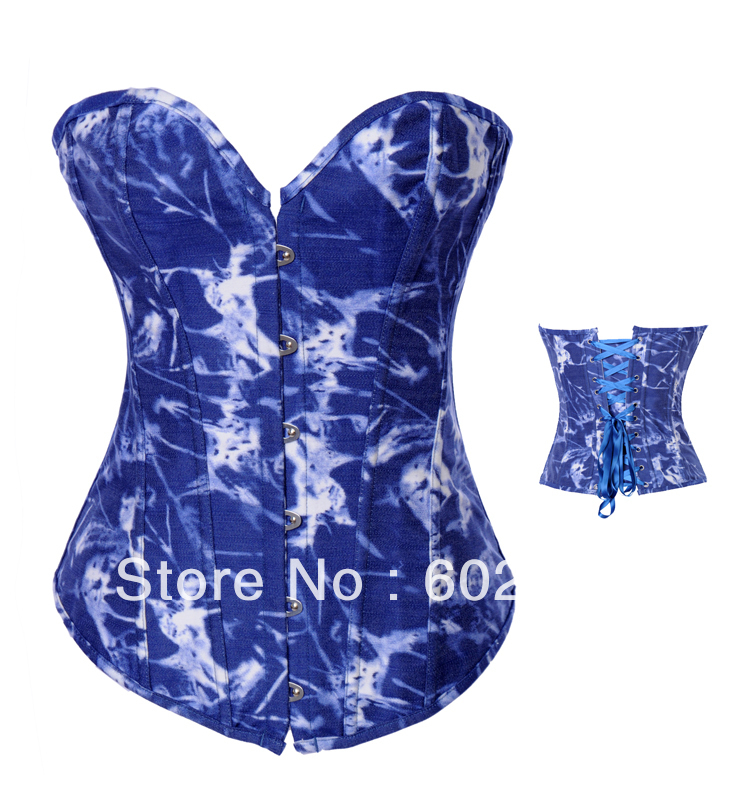 Blue jeans basque corset busiter lace up boned lingerie bodyshaper S-2XL