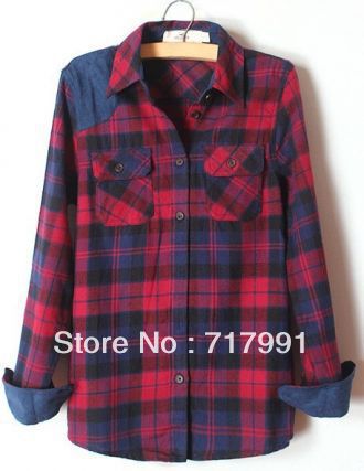 Blue Lapel Long Sleeve Plaid Pockets Shirt