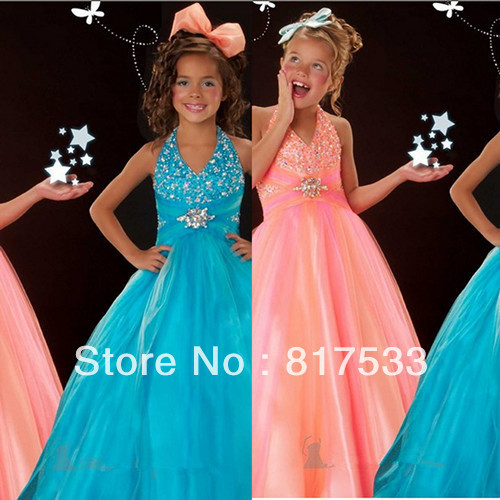 blue little girls charmed ones pageant dresses for girls halter sequins beads diamond a line organza floor length long