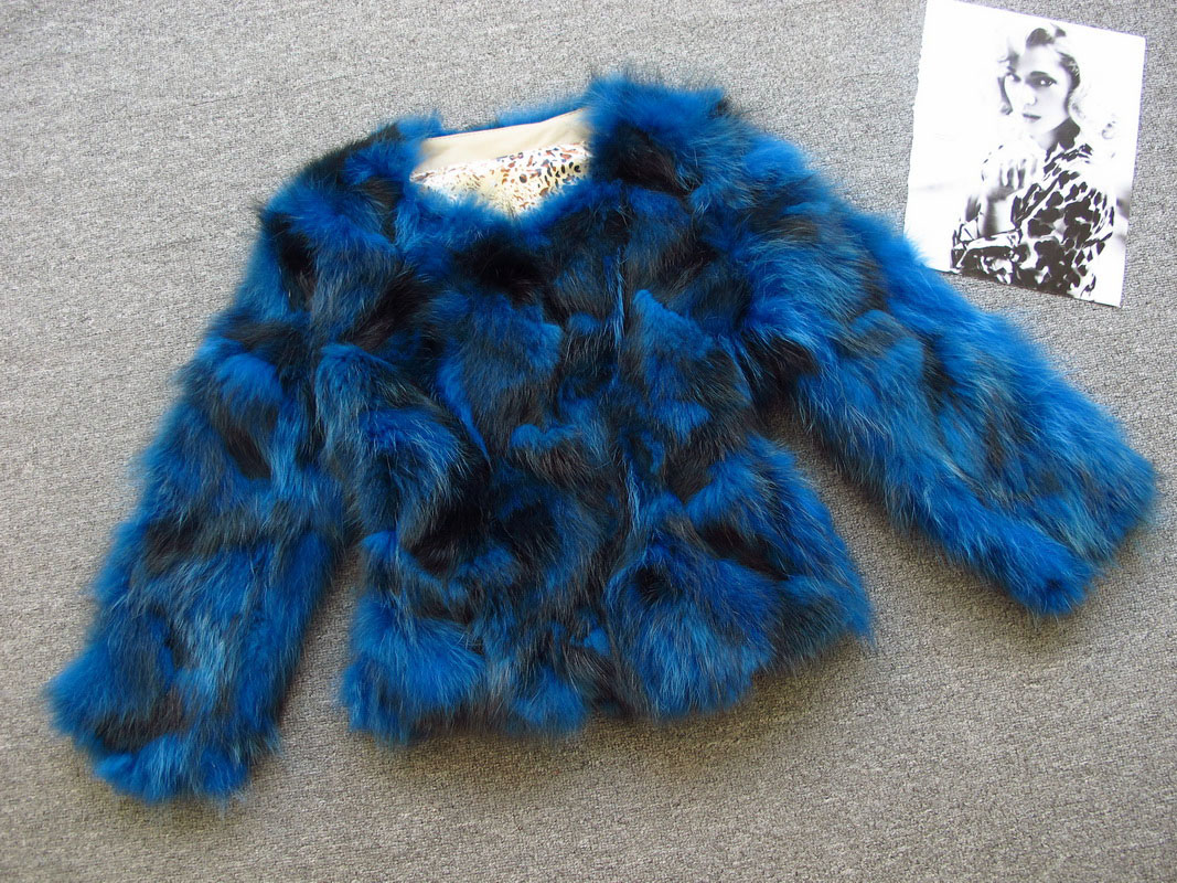 Blue quality sheepskin hemming tie-dyeing fox fur short jacket