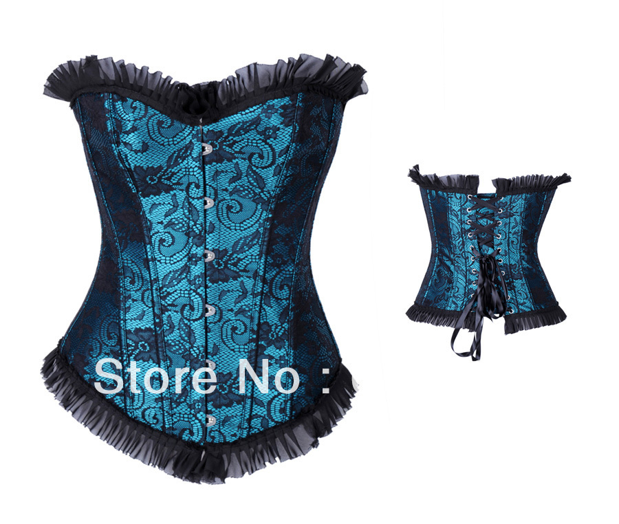 Blue satin with black lace overlay boned lace up bodyshaper factory supplier  S-2XL