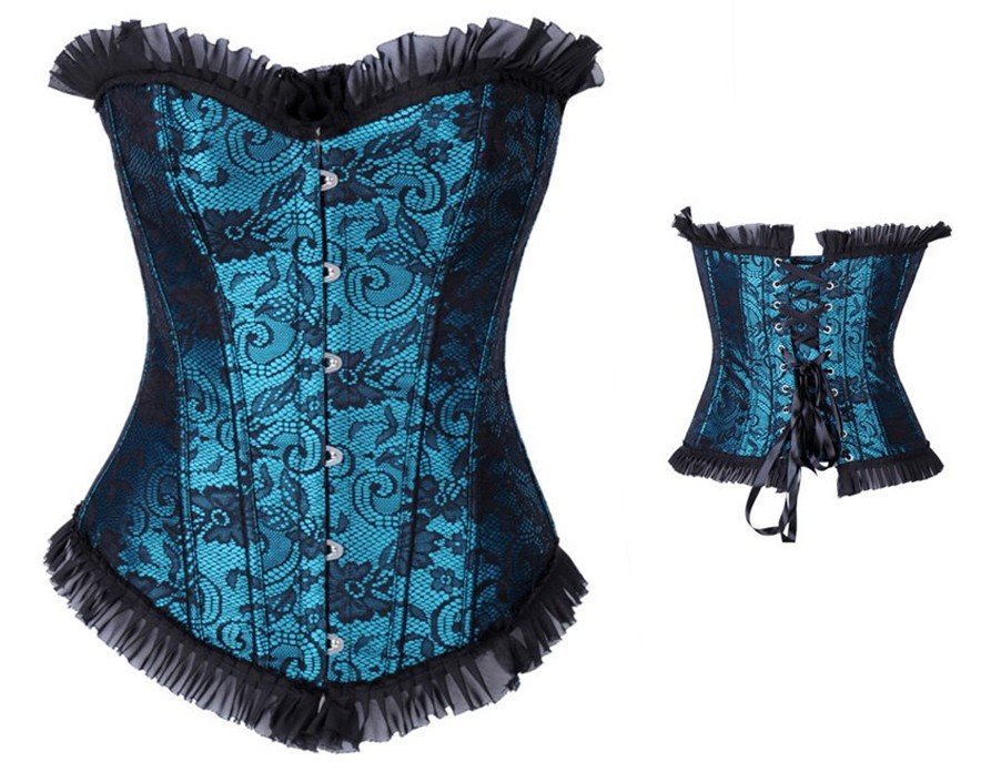 Blue satin with print and lace trim lace up boned corset busiter bodyshaper S-2XL