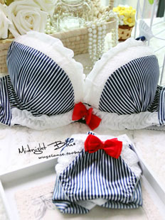 Blue stripe bow 3 breasted bra set underwear accept the furu fashion bra