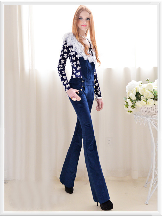 Blue Trendy Strap Velour Flared Leg Celebirty Jumpsuit