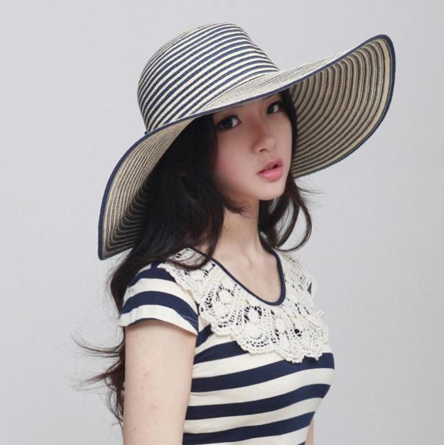 Blue white stripe bow strawhat female summer large brim beach sun-shading hat anti-uv
