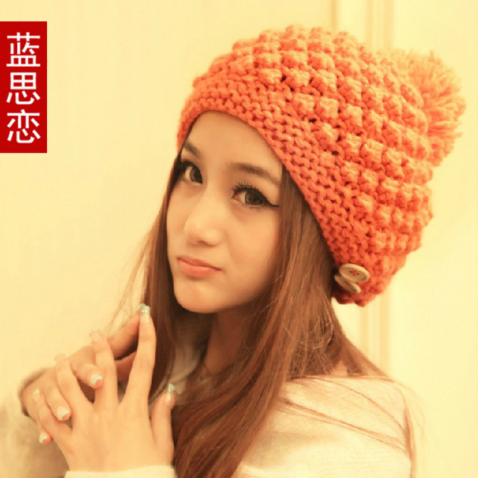 Blue winter sphere button thermal knitted ear hat knitted hat