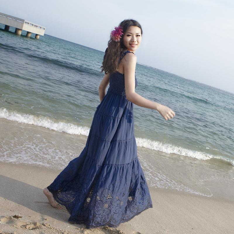 Blue ! women's one-piece dress bohemia style full dress beach dress lace suspender skirt