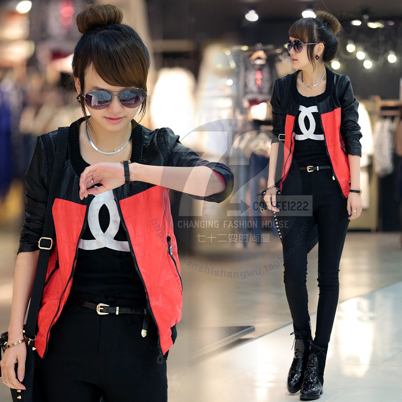 Bm303 2013 spring women's patchwork leather casual long-sleeve cardigan short jacket
