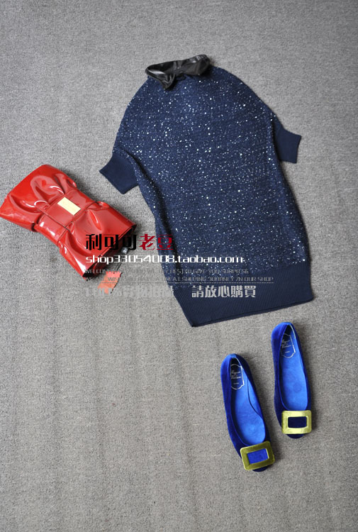 Bm3323 magazine fashion turn-down collar leather small loose paillette sweater