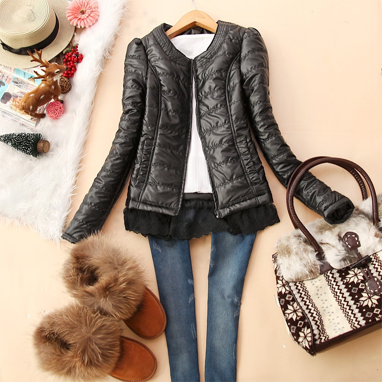 Bmt-v598 2012 women's o-neck crochet puff sleeve leather wadded jacket k-05