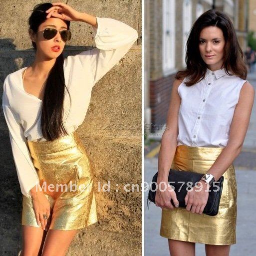 BNW Gold Metallic Glitter Faux Leather Mini Short Skirt
