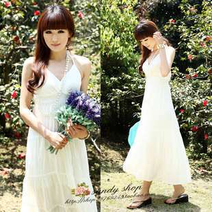 Bohemia elegant white smoothens spaghetti strap beach dress V-neck white beach full dress halter-neck dress