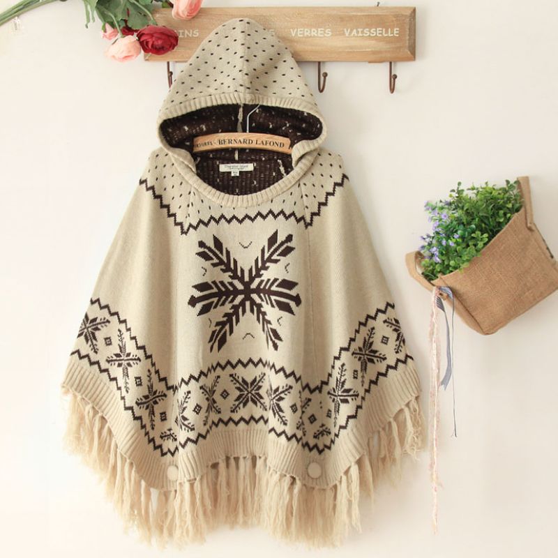 Bohemia tassel poncho with a hood knitted shawl autumn and winter sweater outerwear