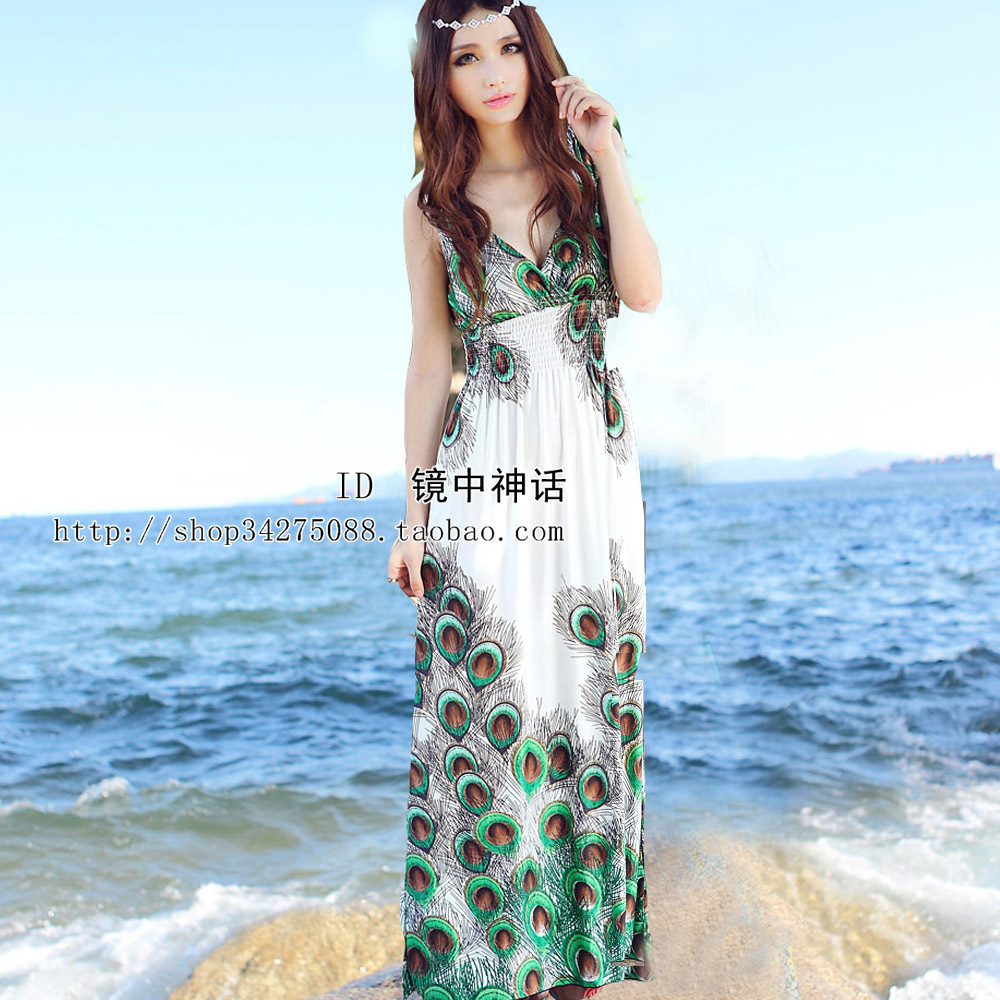 Bohemia V-neck beach dress one-piece dress sleeve length skirt elegant slim fashion skirt free shipping