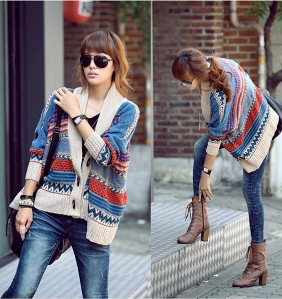 Bohemian Casual Tribal Oversized Knit Bat Sleeve Sweater Coat Knitwear Cardigan