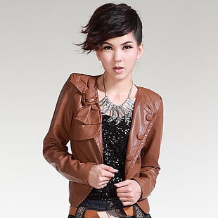 Boutique women's autumn bow long-sleeve slim women's patchwork leather outerwear