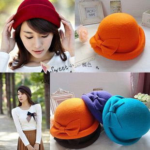 Bow cap woolen cap small women's fedoras autumn and winter dome hat painter hat
